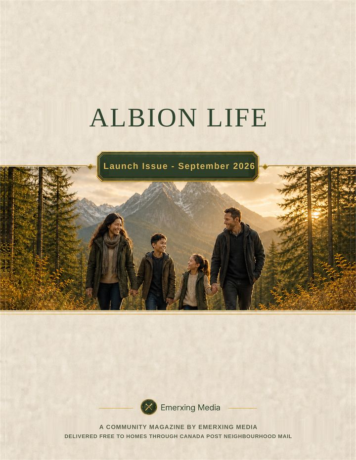 The cover of Albion Life, the first Emerxing Media title: a family of four photographed together in an orchard at golden hour, beneath the Albion Life masthead, with the cover lines Meet Your Community Heroes, Programs and Events This Month, Trusted Advisors for Local Families, and Connect with Your