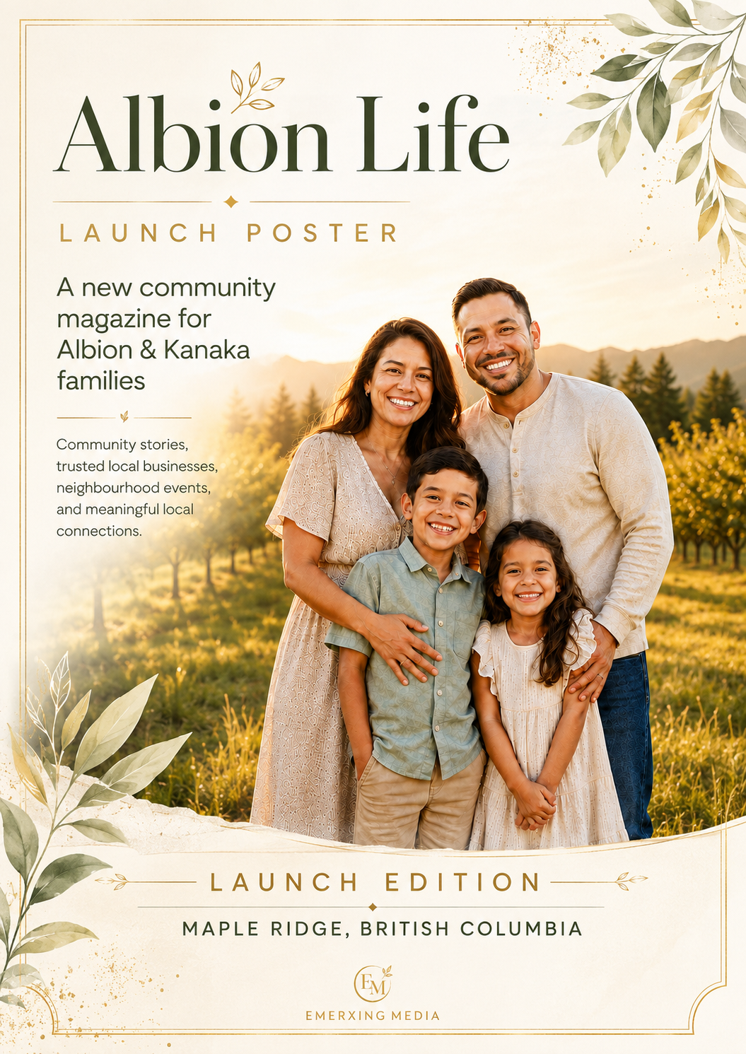 The cover of Albion Life, the first Emerxing Media title: a family of four photographed together in an orchard at golden hour, beneath the Albion Life masthead, with the cover lines Meet Your Community Heroes, Programs and Events This Month, Trusted Advisors for Local Families, and Connect with Your